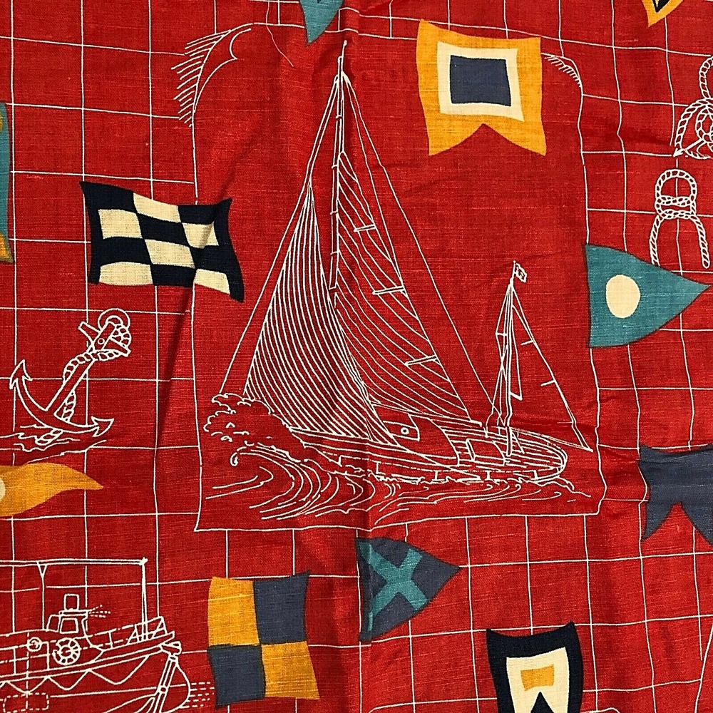Westgate Full Sail Ahead Fabric Red Linen Cotton Sample 36"x27" Vintage Boat